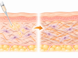 Cross-section of skin showing a syringe injecting substance into the dermis on the left, with particles spreading; on the right, tissue appears remodeled after treatment, separated by a bright central line and arrow.