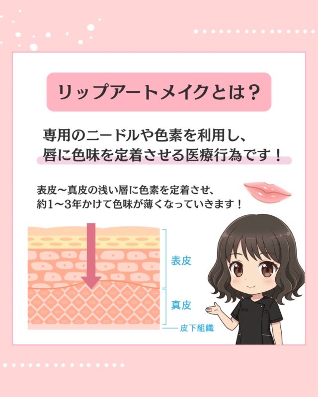 リップアートメイクの説明図。唇のイラストと皮膚の断面図(表皮・真皮・皮下組織)と説明文付き、右下に女の子のイラスト。